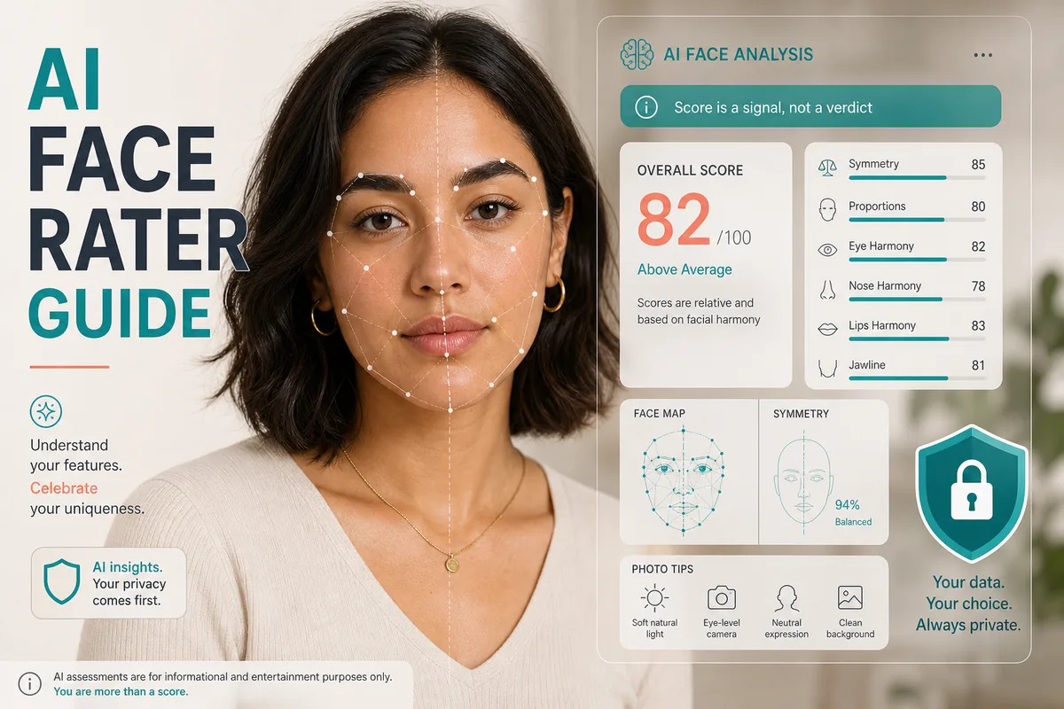 AI face rater guide illustration showing facial landmarks, a score panel, privacy shield, and camera lighting hints