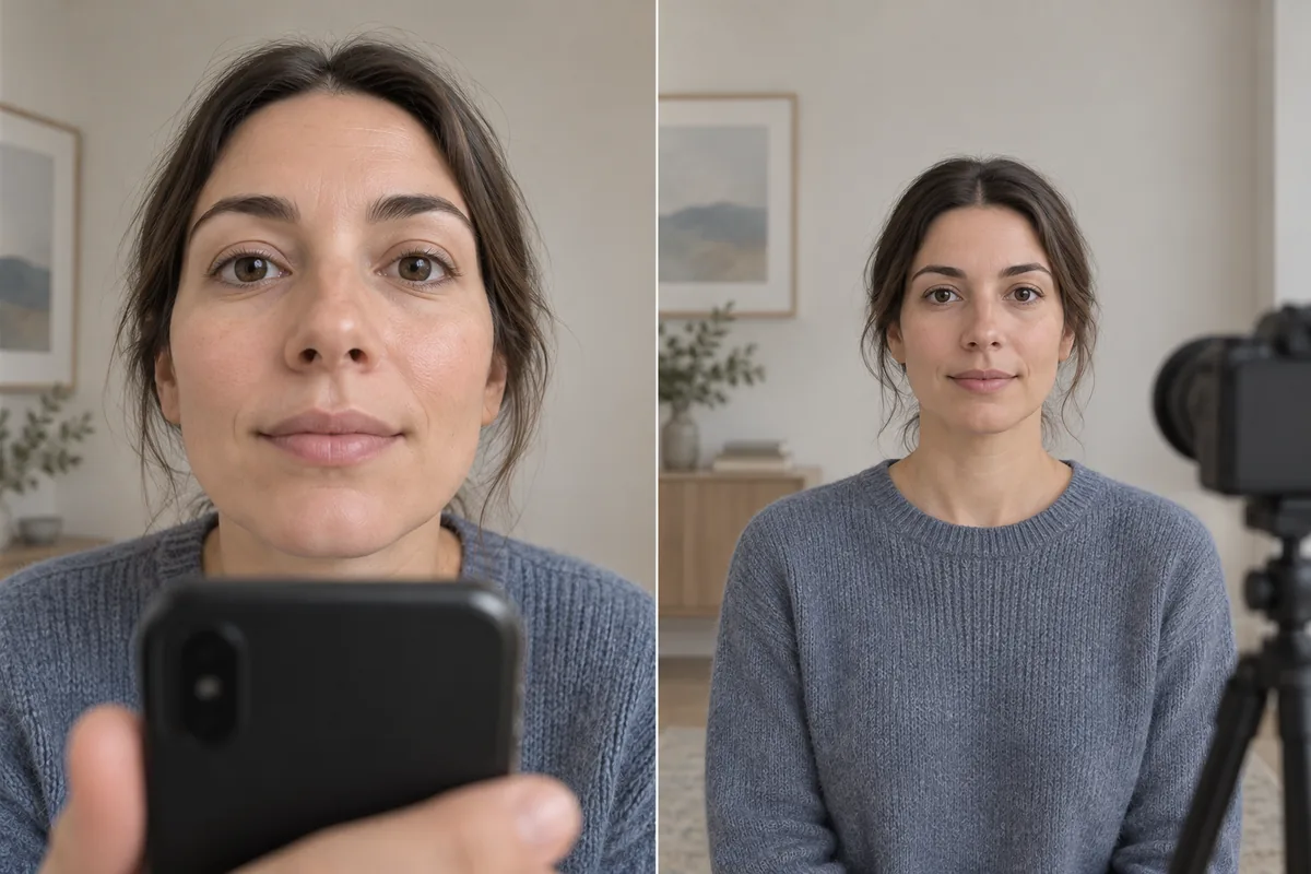 Ilustração comparando uma selfie próxima com uma câmera mais distante na altura dos olhos