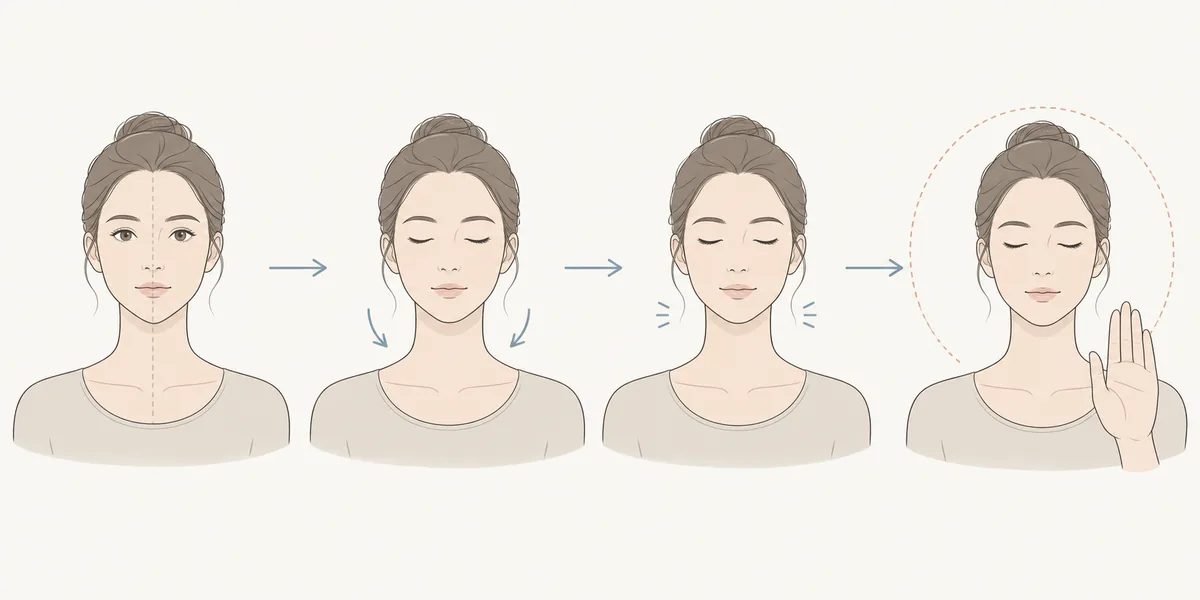 Séquence éditoriale montrant posture neutre, mâchoire détendue, expression calme et arrêt avant l’effort
