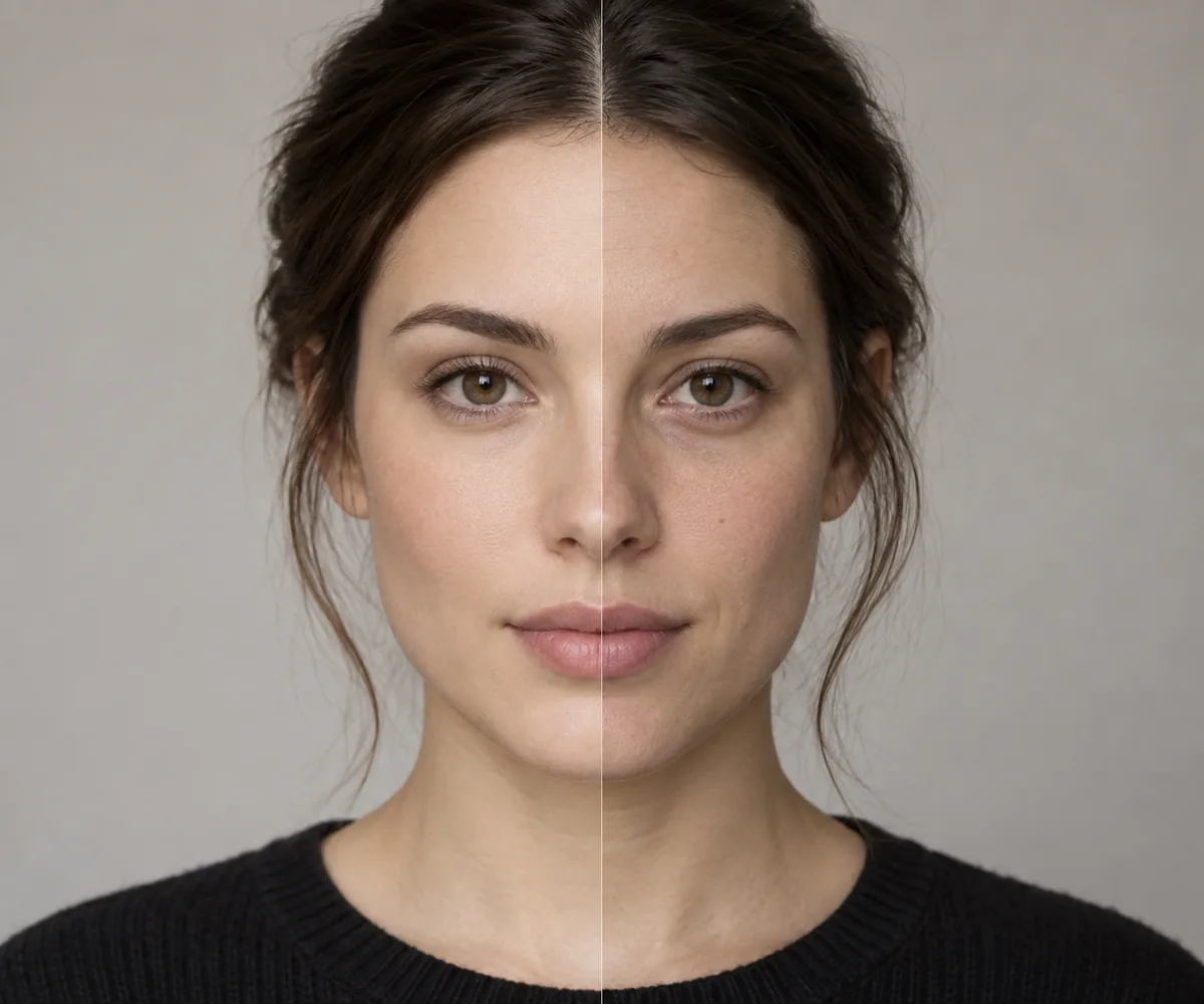 Comparação editorial entre um rosto natural e um efeito de metade do rosto espelhada
