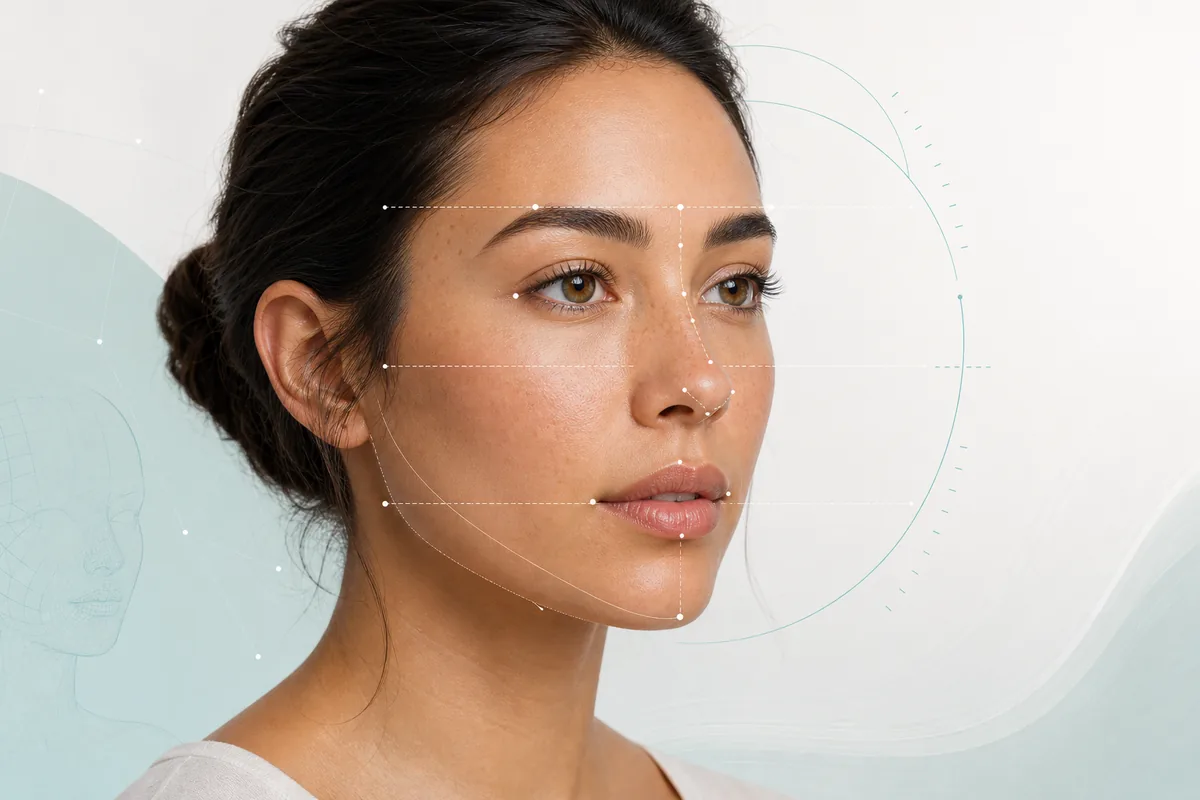 Facial harmony guide illustration with facial landmarks and proportion guide lines