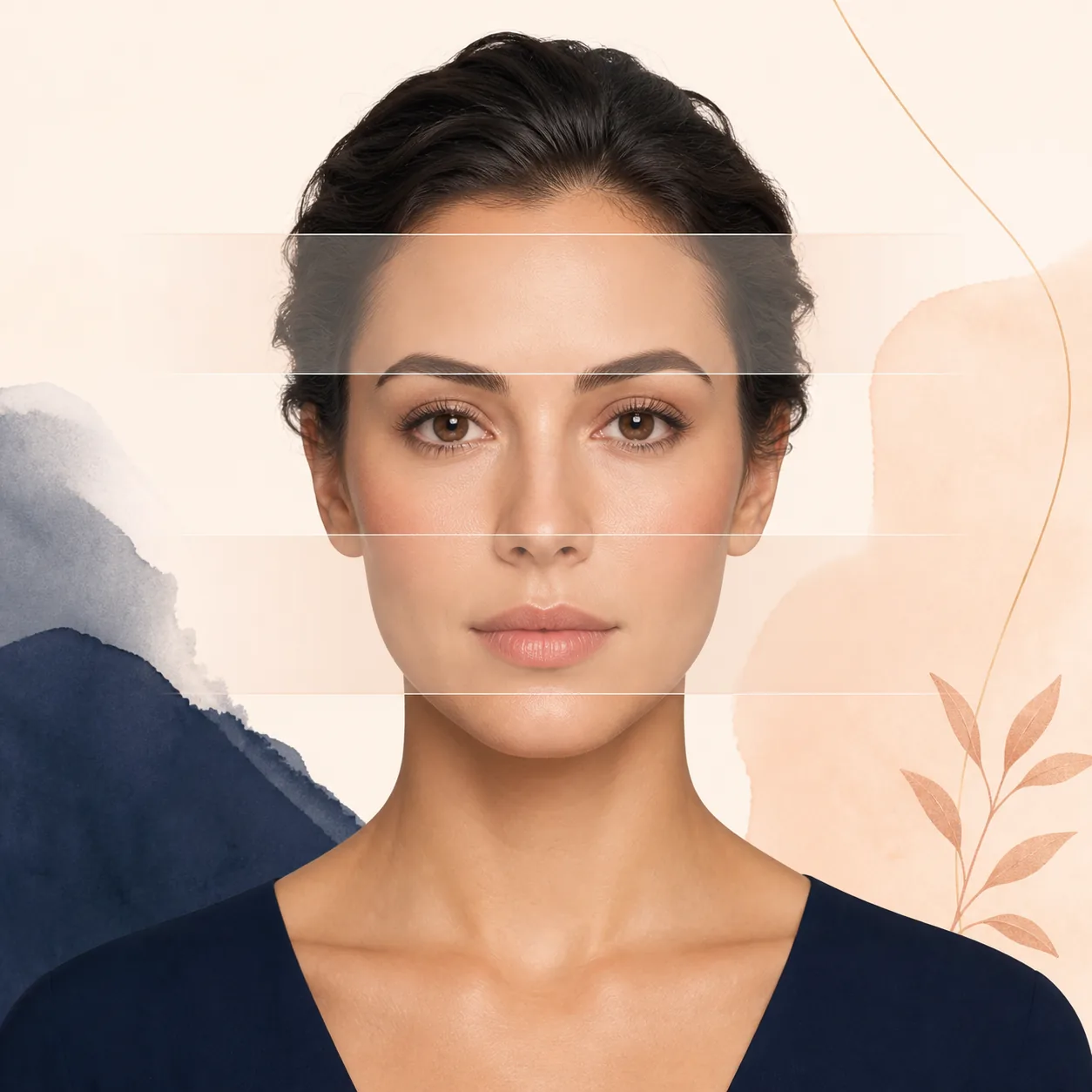 Front-facing portrait with subtle horizontal guides showing the three vertical facial sections
