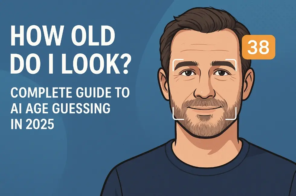 How old do I look guide illustration with an age-estimation panel, camera distance hints, and privacy checklist callouts
