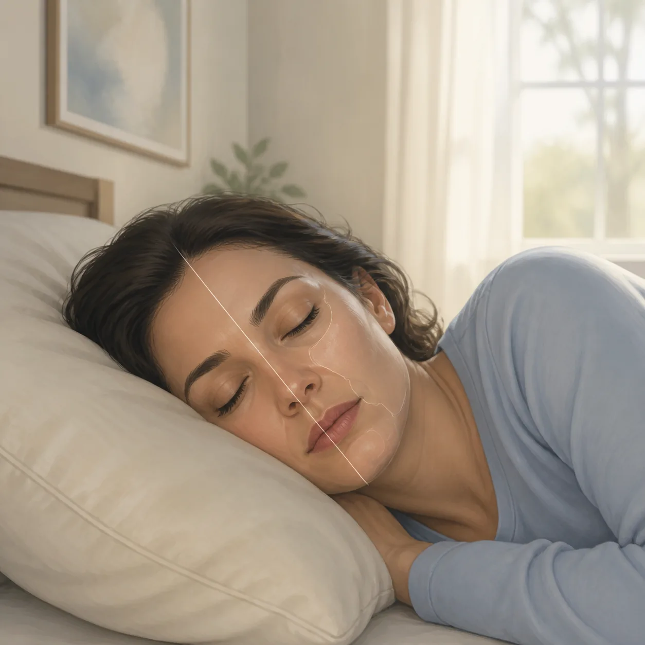 Ilustración editorial de una persona durmiendo de lado con una línea central facial sutil